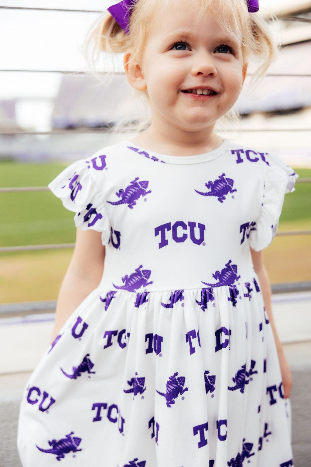 TCU White Frog Flutter Twirl Dress