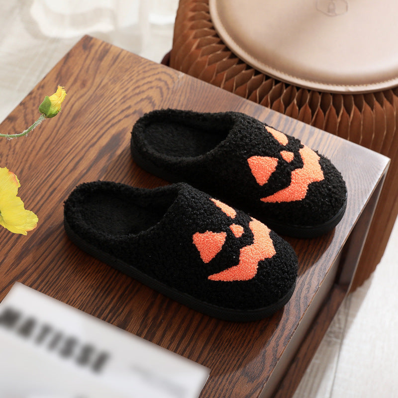 Halloween Pumpkin Pattern Unisex Home Winter Furry Slippers Black