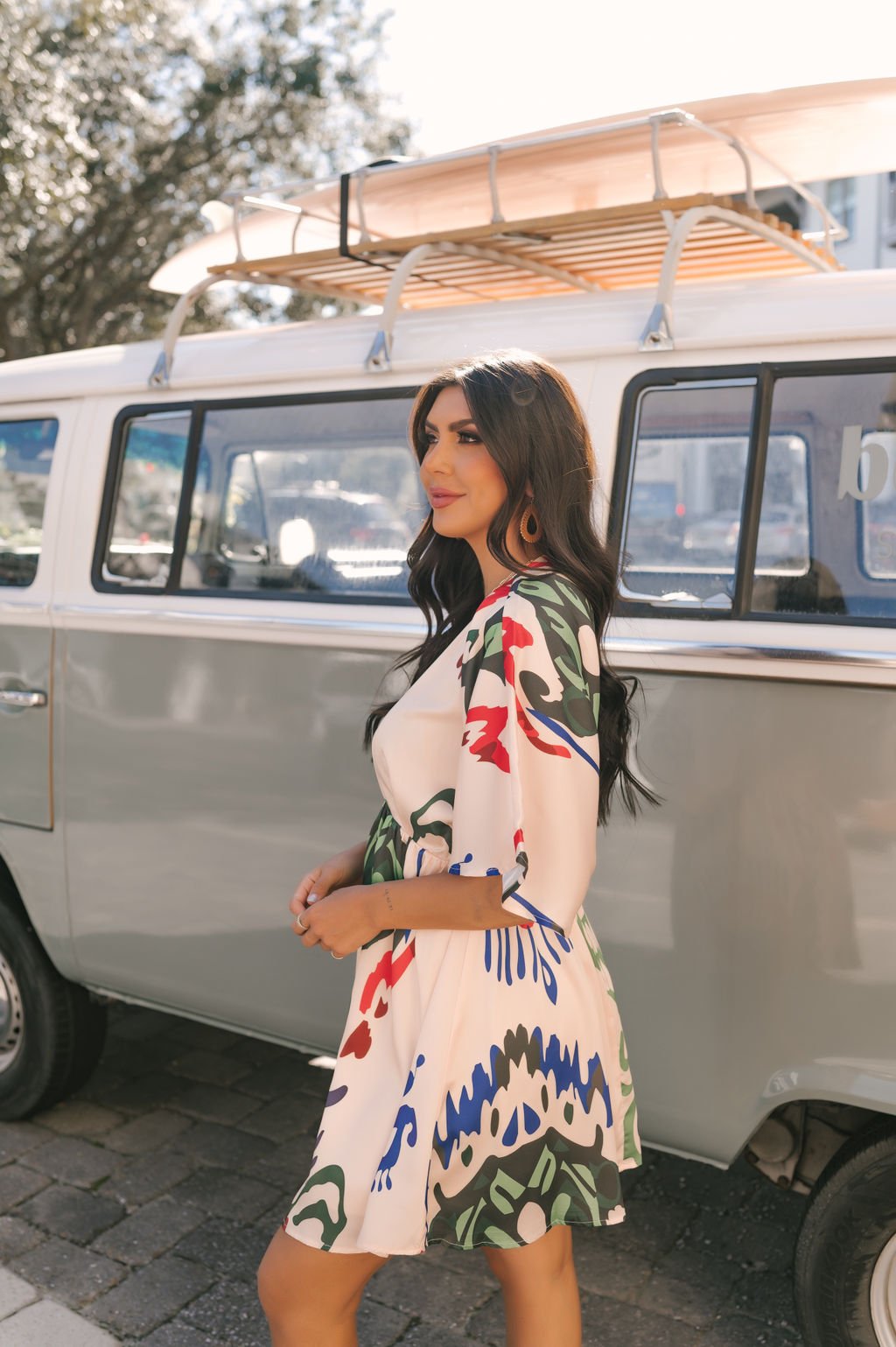 Natural Print V Neck Mini Dress - FINAL SALE