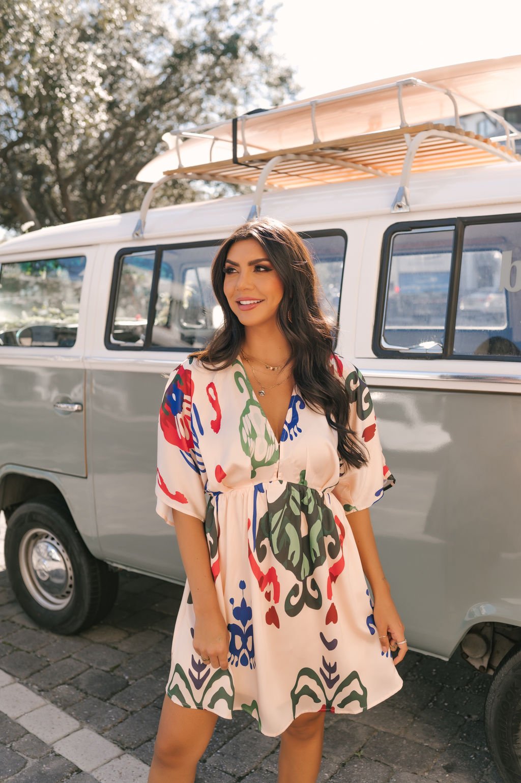 Natural Print V Neck Mini Dress - FINAL SALE