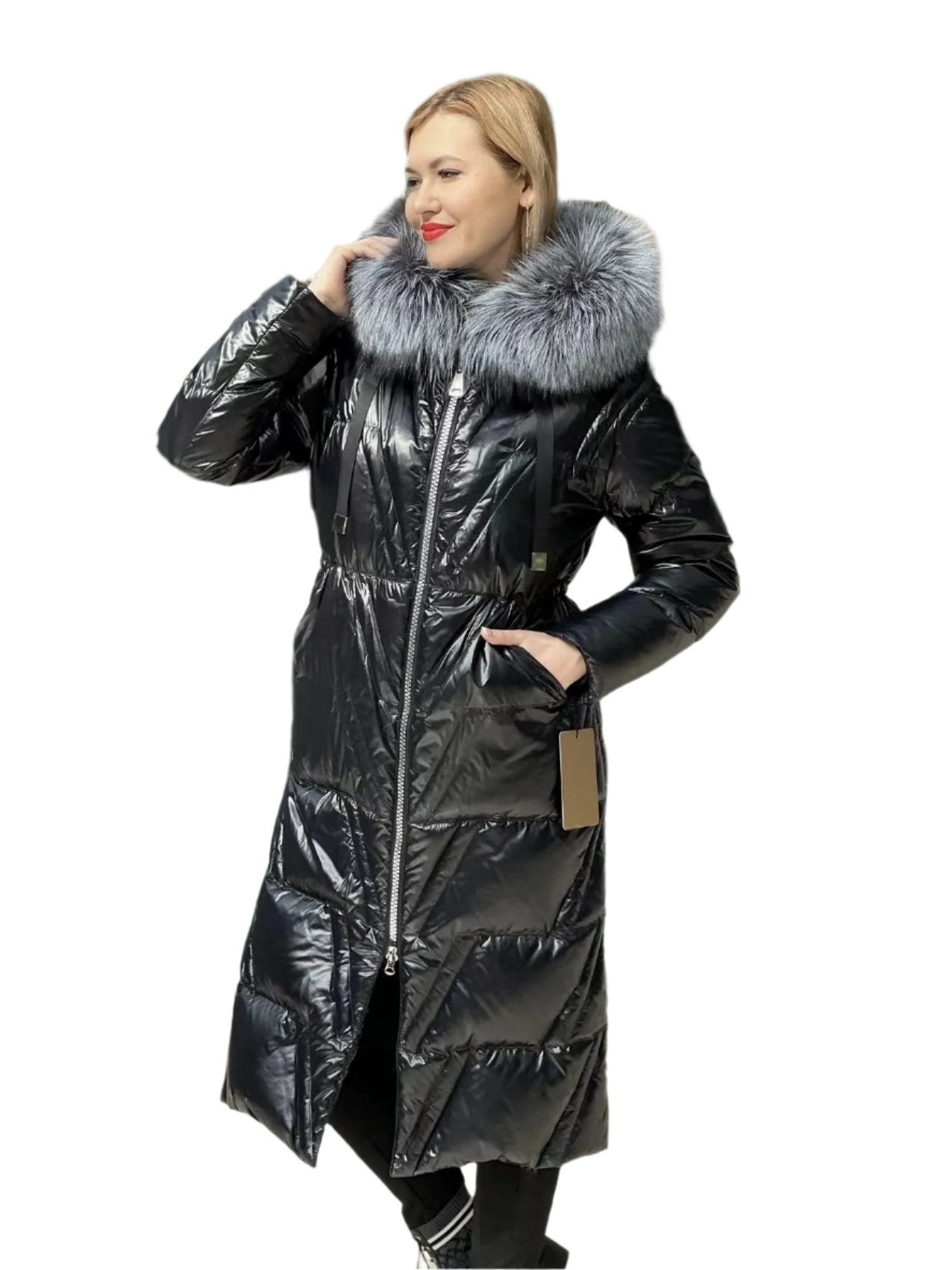 Genuine Silver Fox Fur Down Fill Coat Black
