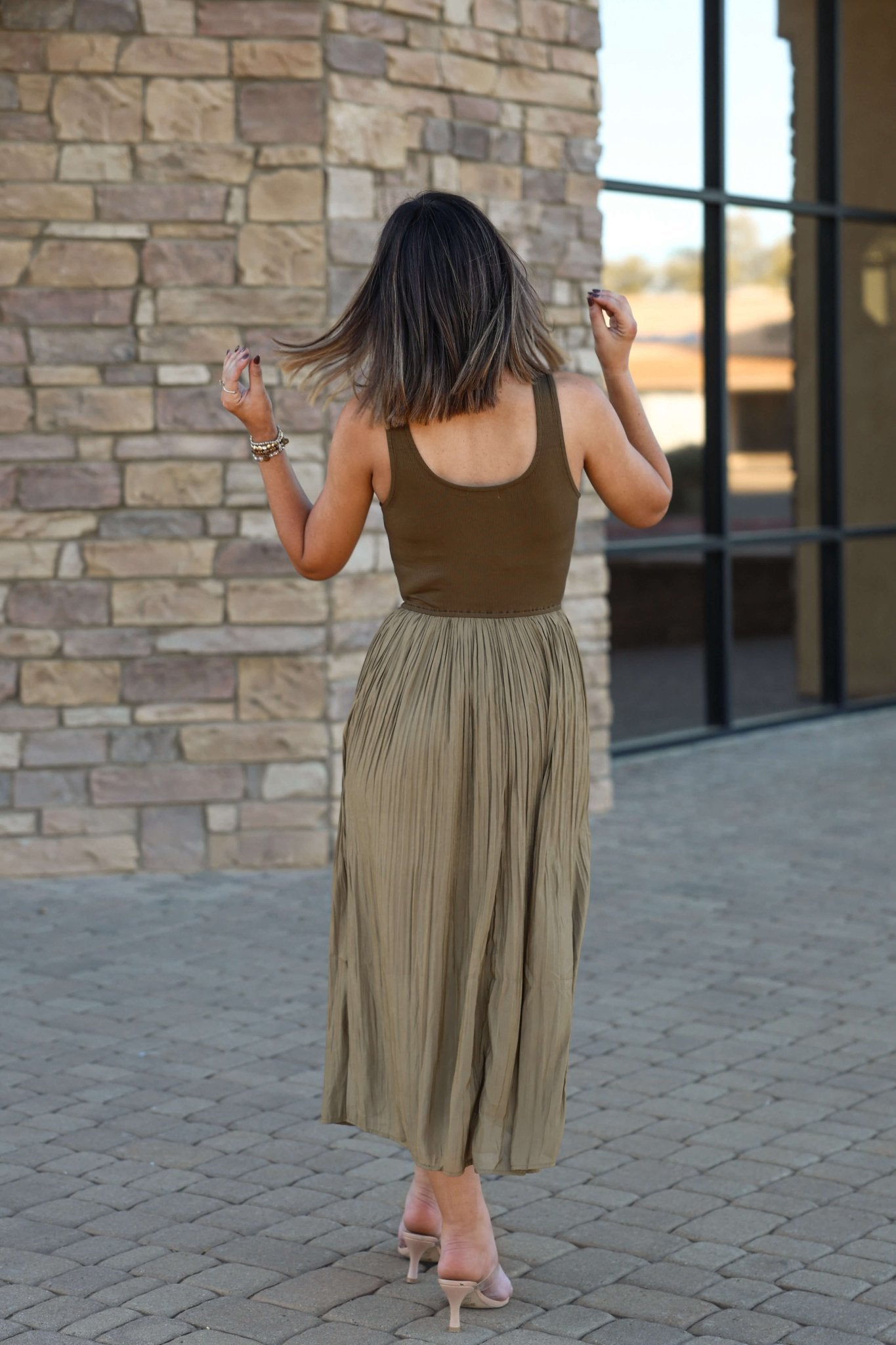 Olive Scoop Neck Pleated Tank Midi Dress