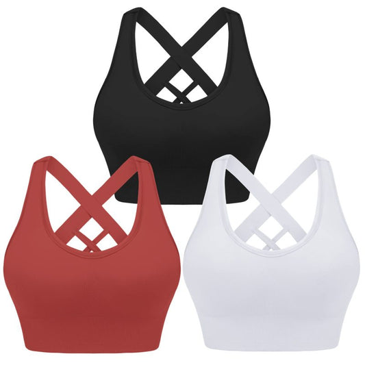 Women's Four Season Solid Nylon Sports Bra - Cross Strap Design Black+white+red