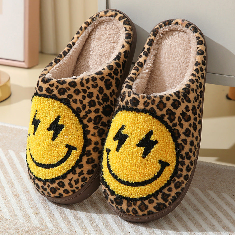 Lightning smiley face cotton slippers indoor home autumn and winter warm slippers Leopard
