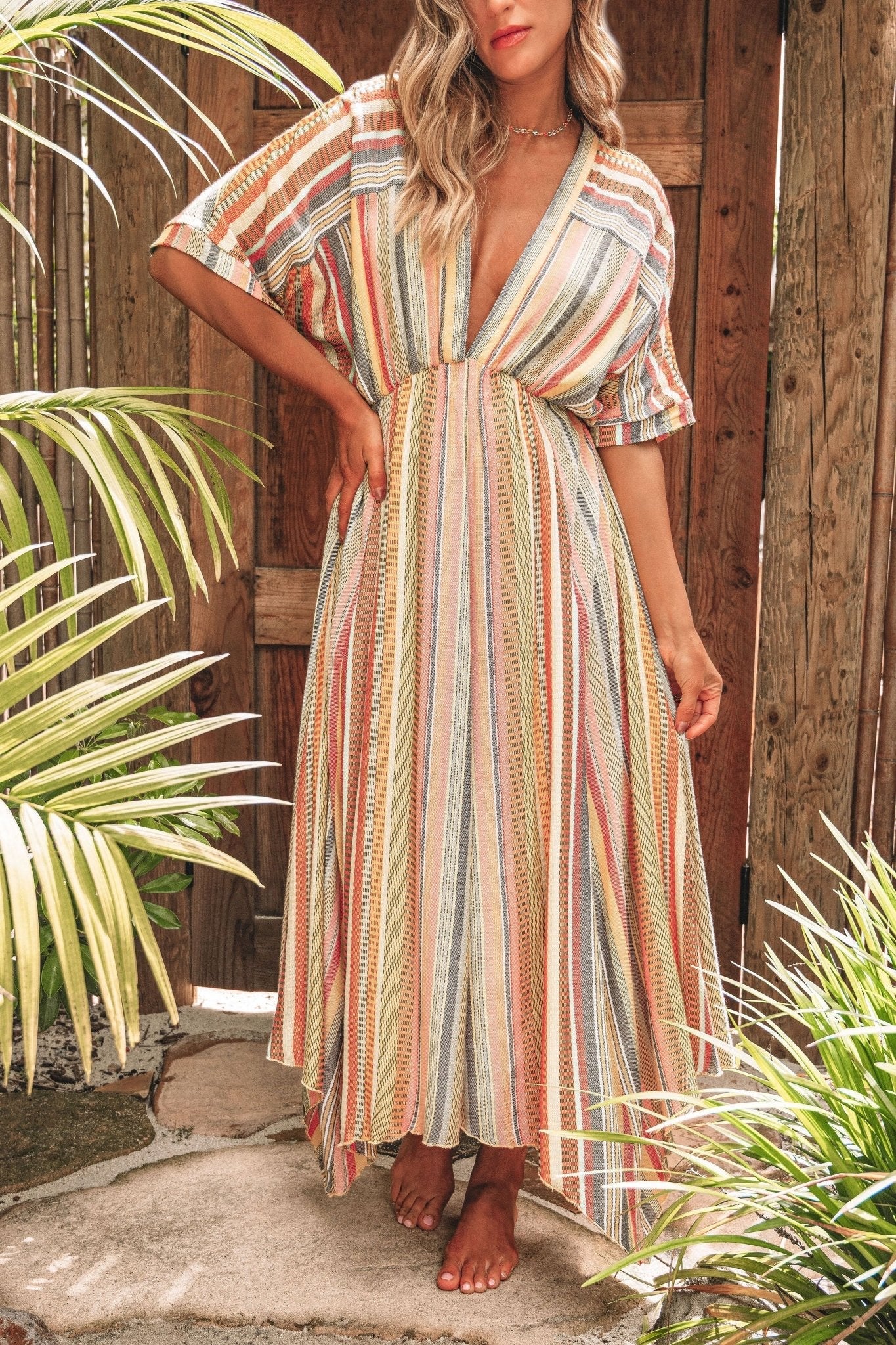 Pink Multi Stripe Kimono Sleeve Midi Dress - FINAL SALE