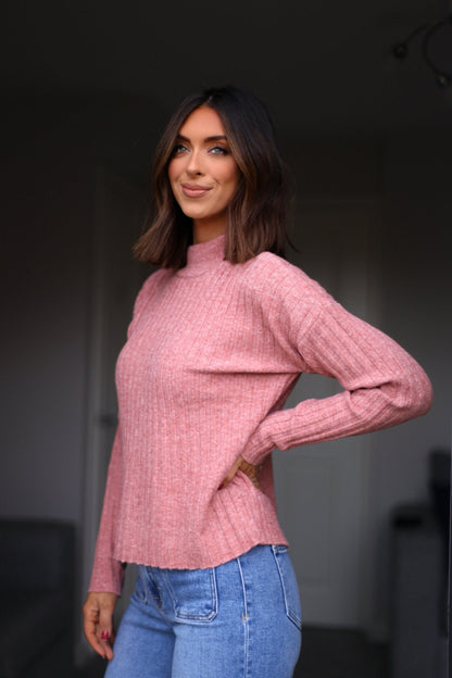 Pink Ribbed Mock Neck Sweater - FINAL SALE