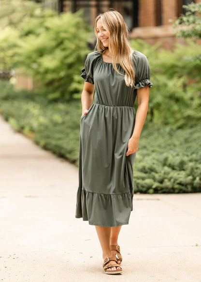 Amy Puff Sleeve Midi Dress Olive