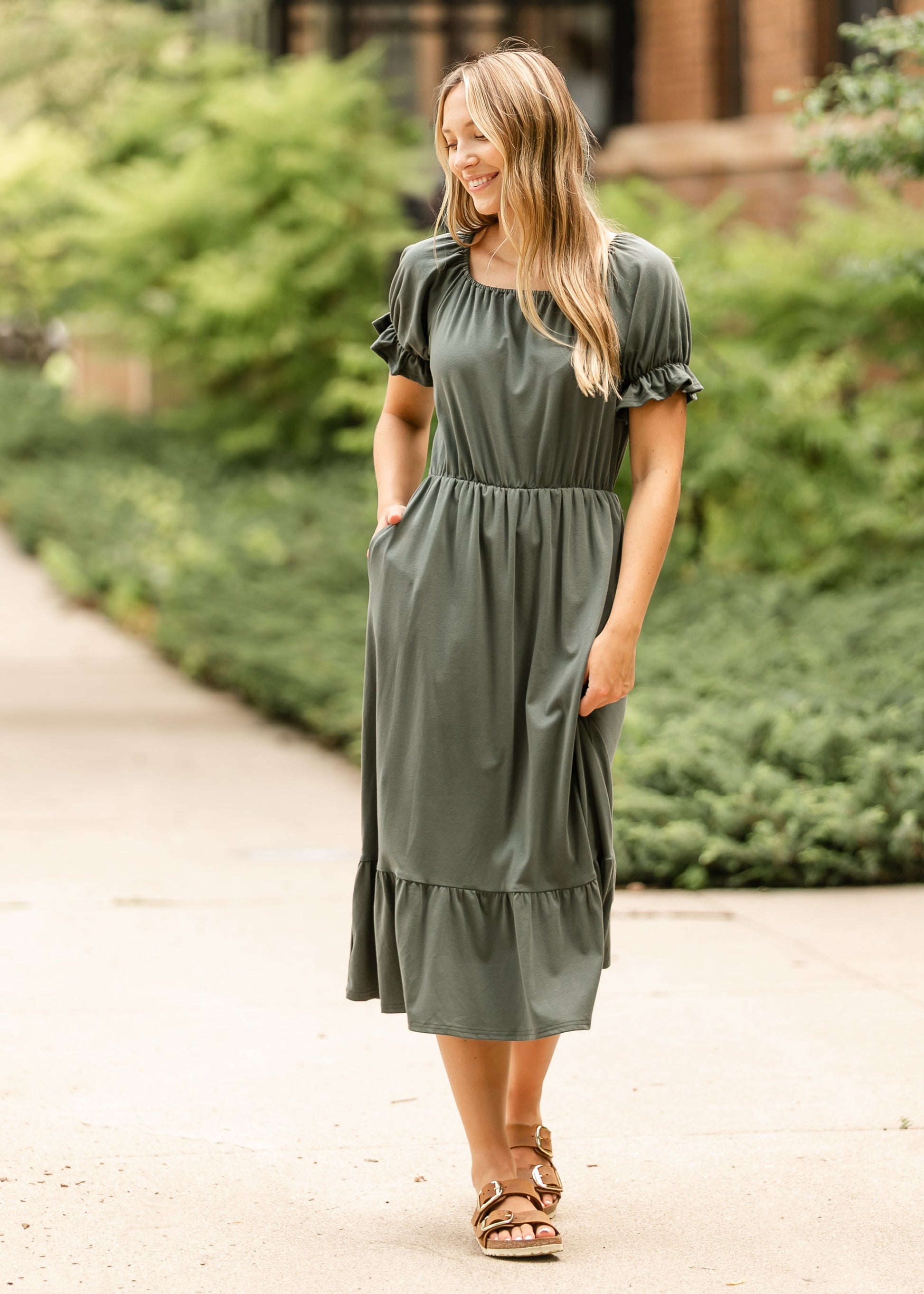 Amy Puff Sleeve Midi Dress Olive