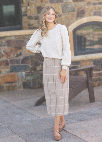Calista Plaid Wool Midi Pencil Skirt