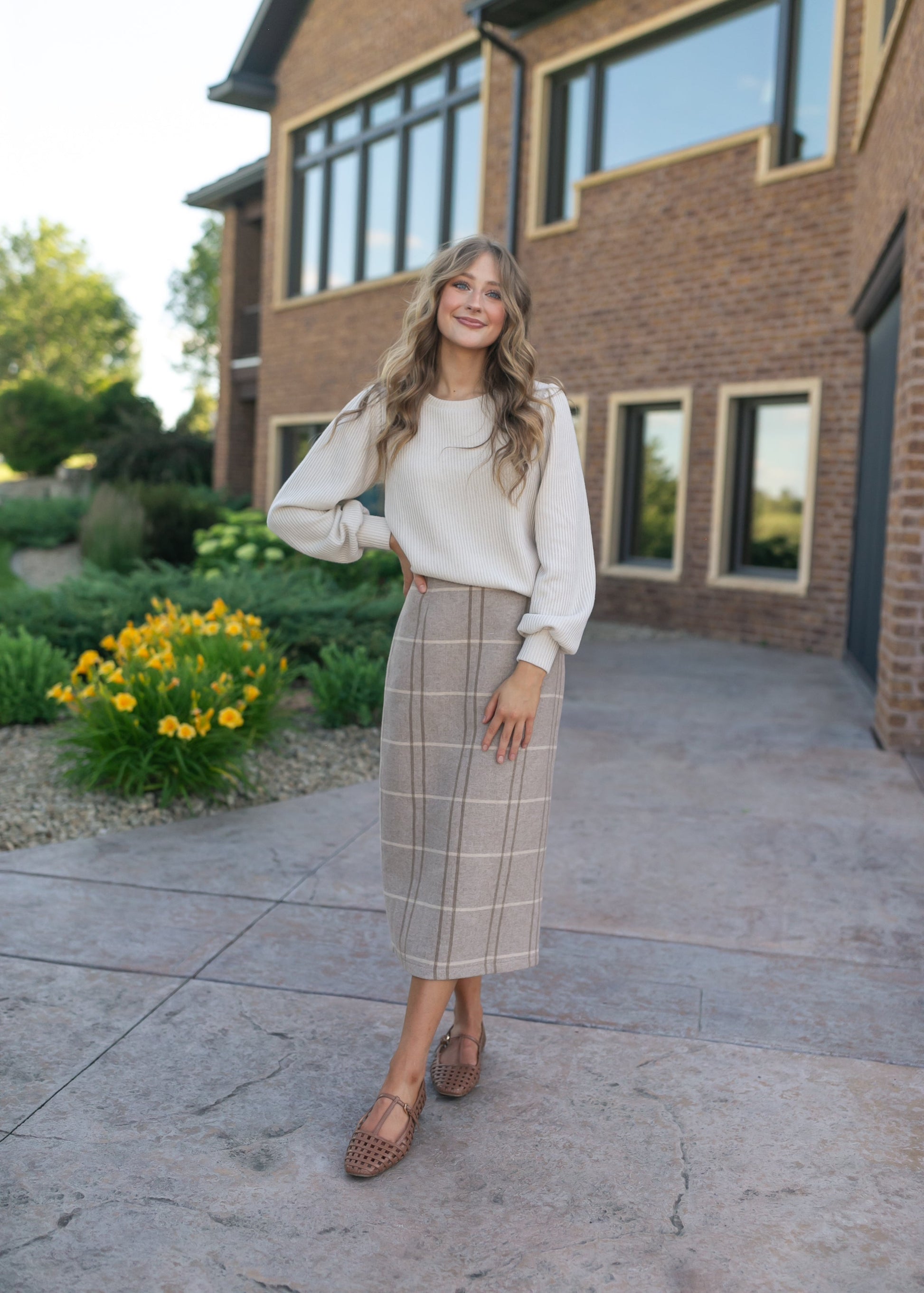 Calista Plaid Wool Midi Pencil Skirt