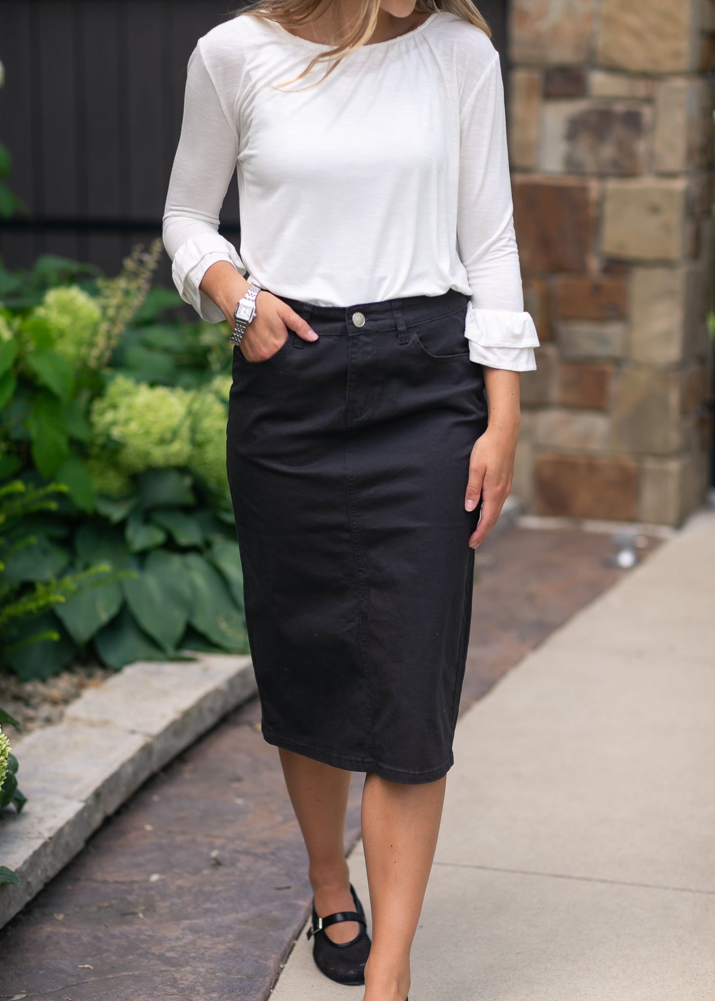Remi Onyx Black Denim Midi Skirt 28"