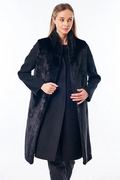 Genuine Mink Fur Virgin Wool Coat Plus Vest Black