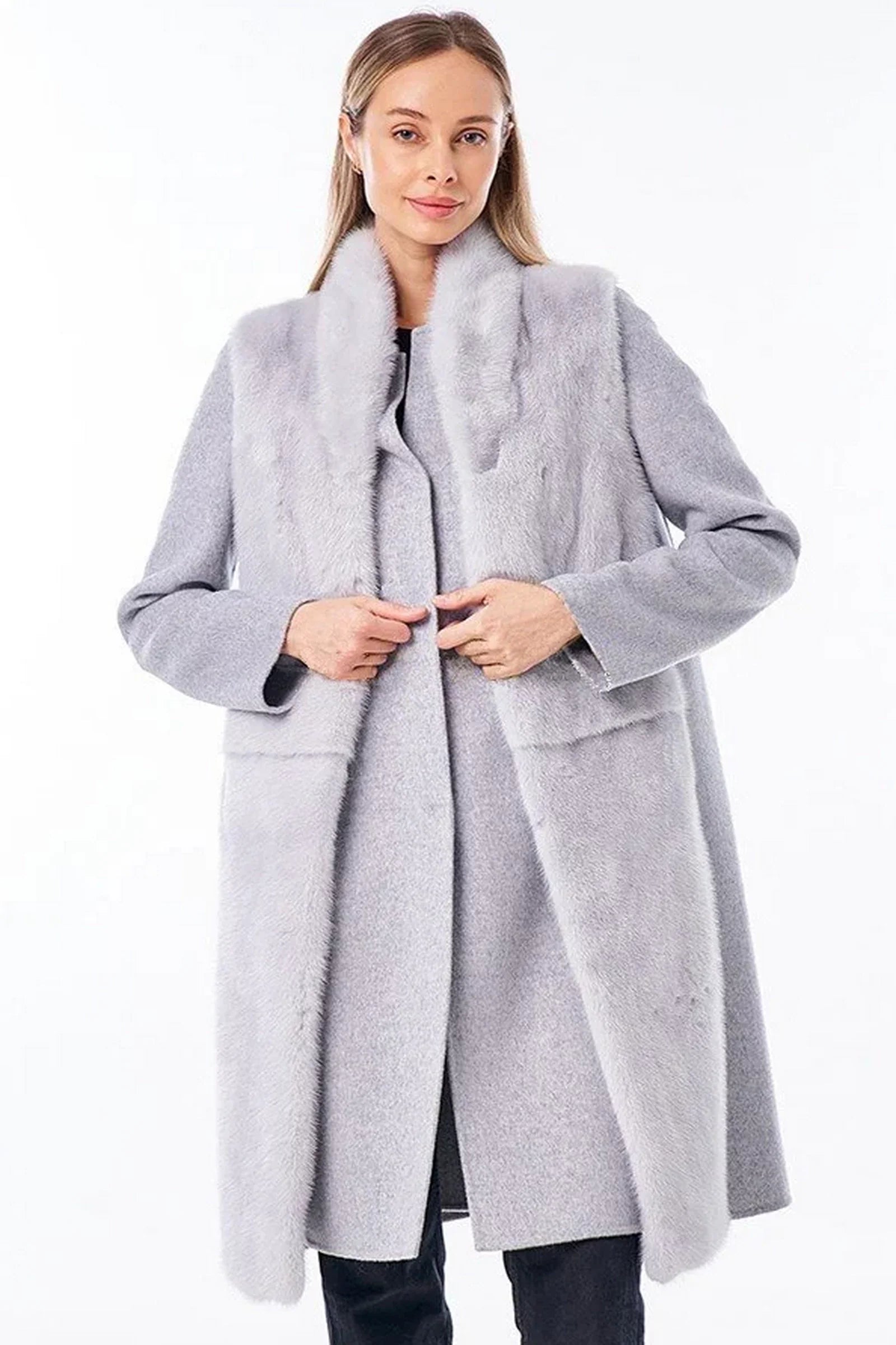 Genuine Mink Fur Virgin Wool Coat Plus Vest Grey