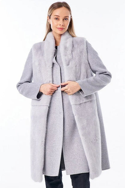 Genuine Mink Fur Virgin Wool Coat Plus Vest Grey