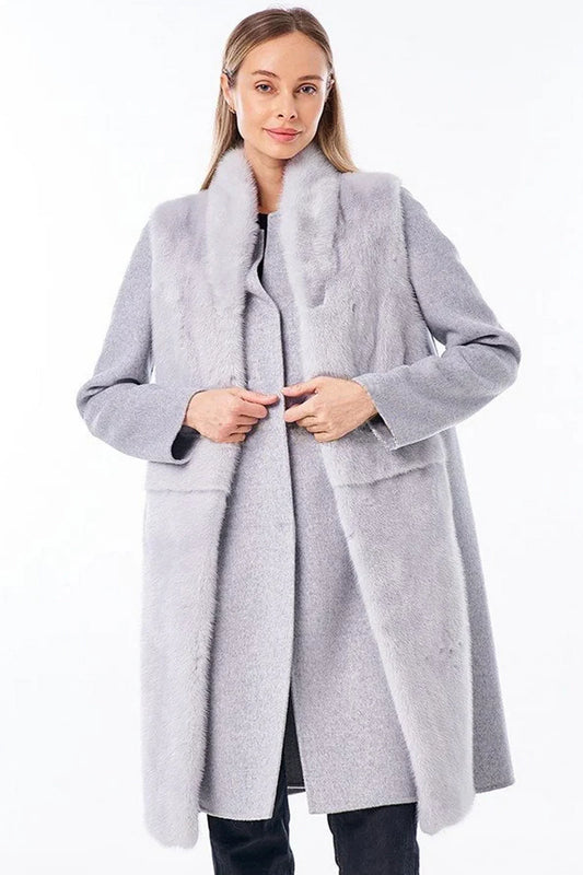 Genuine Mink Fur Virgin Wool Coat Plus Vest Grey