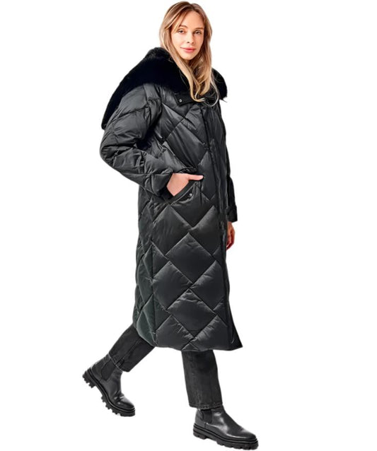 Genuine Polar Fox Fur Collar-Hood Down Winter Coat Black