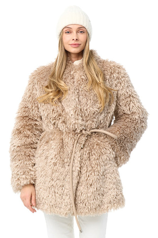 Faux Fur Coat with Leather Belt Beige