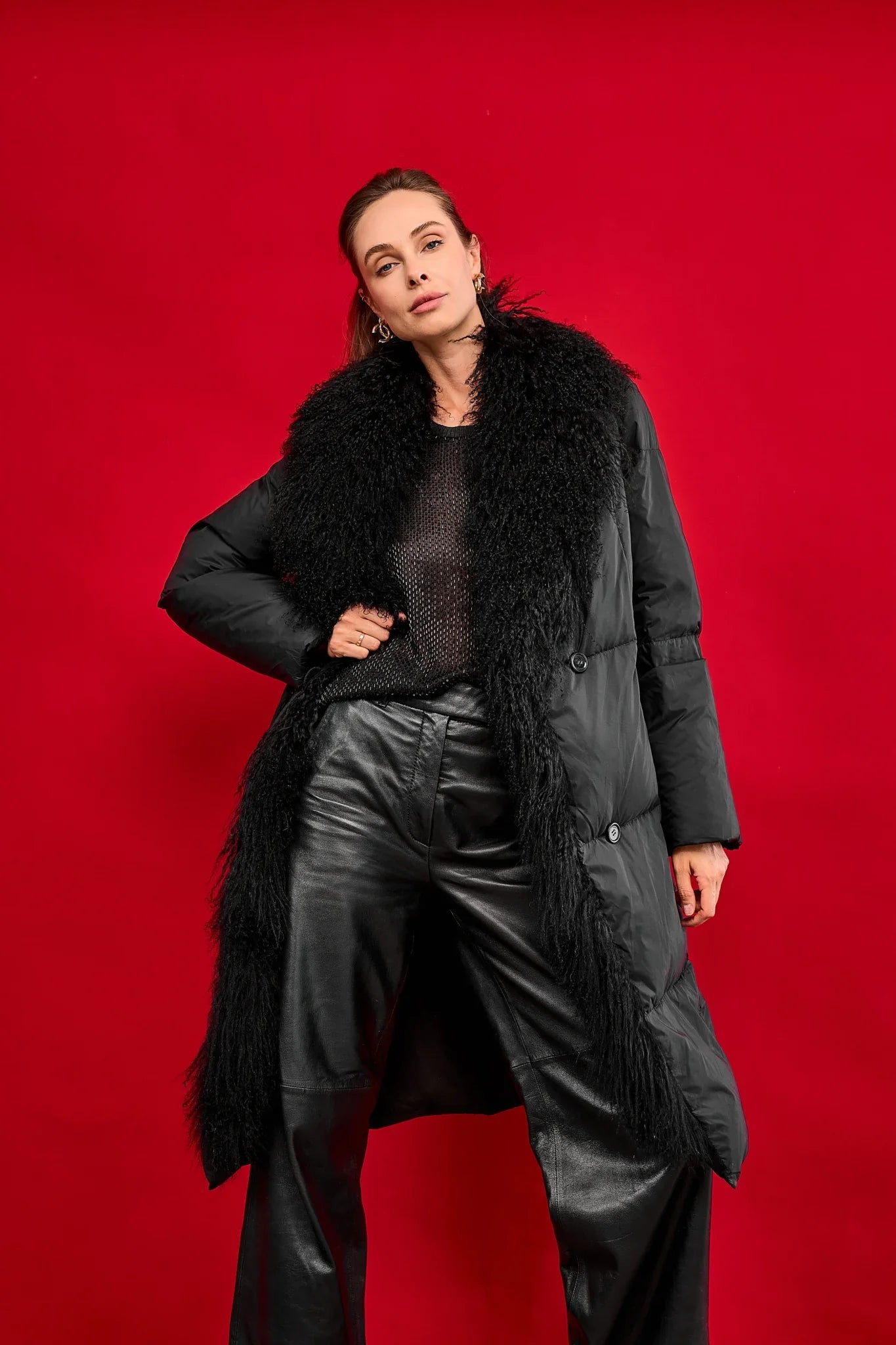 Genuine Lama Fur Premium Down Coat Black