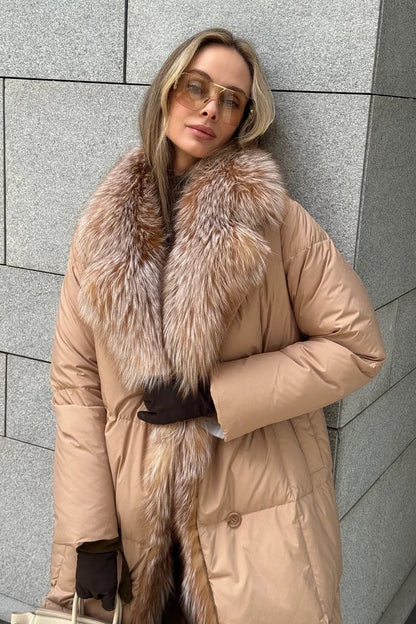 Genuine Polar Fox Premium Down Parka Coat Beige