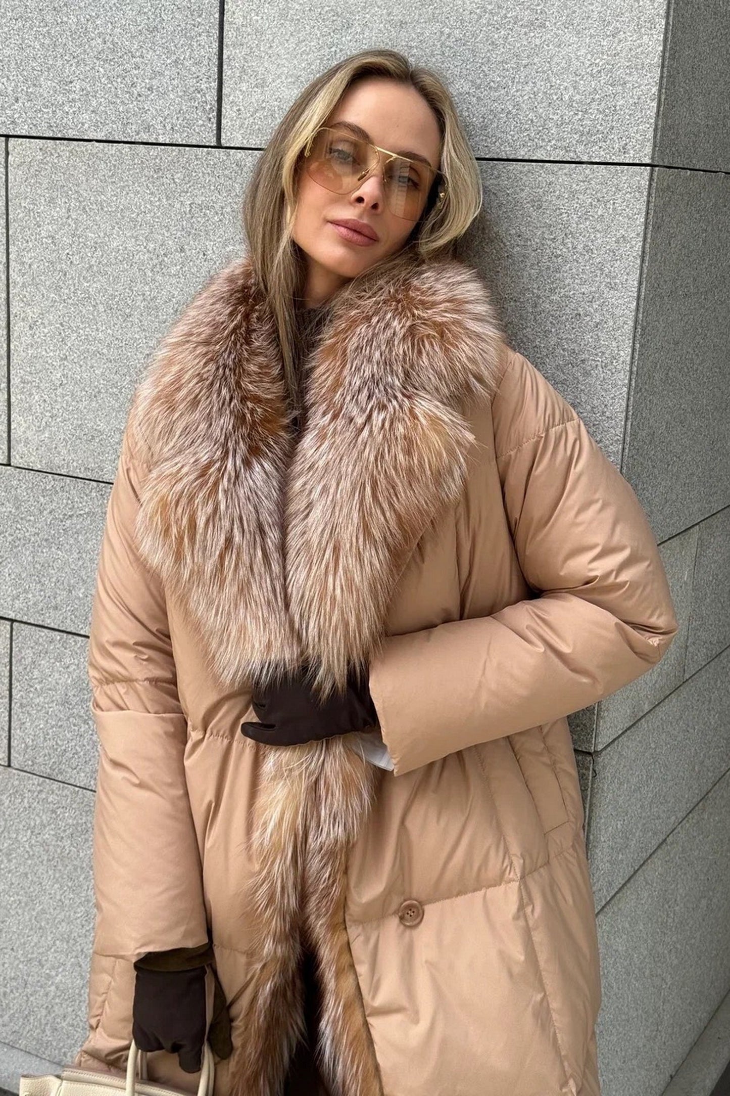 Genuine Polar Fox Premium Down Parka Coat Beige