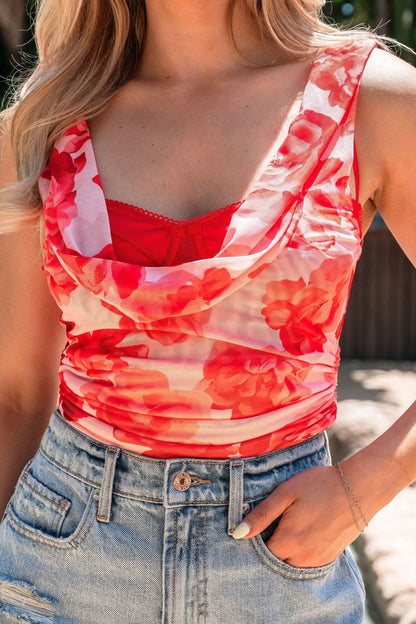 Red Floral Mesh Built-in-Bra Top - FINAL SALE