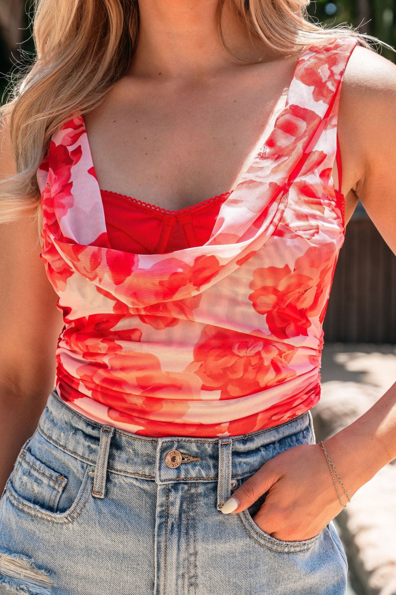 Red Floral Mesh Built-in-Bra Top - FINAL SALE