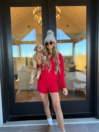 Red Heart Shaped Pointelle Button Down Top - FINAL SALE