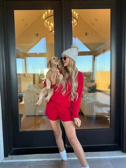 Red Heart Shaped Pointelle Drawstring Shorts - FINAL SALE