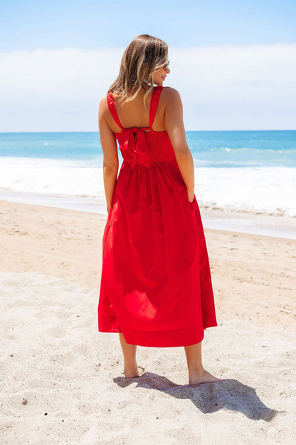 Red Smock Ruched Tie Strap Midi Dress - FINAL SALE