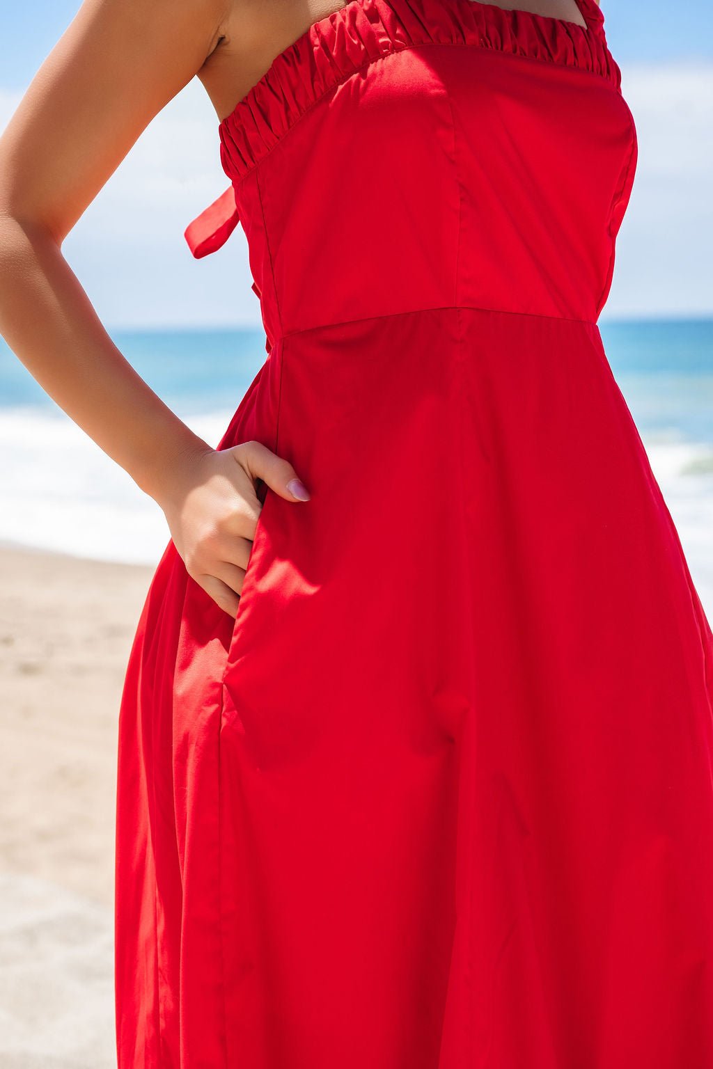 Red Smock Ruched Tie Strap Midi Dress - FINAL SALE