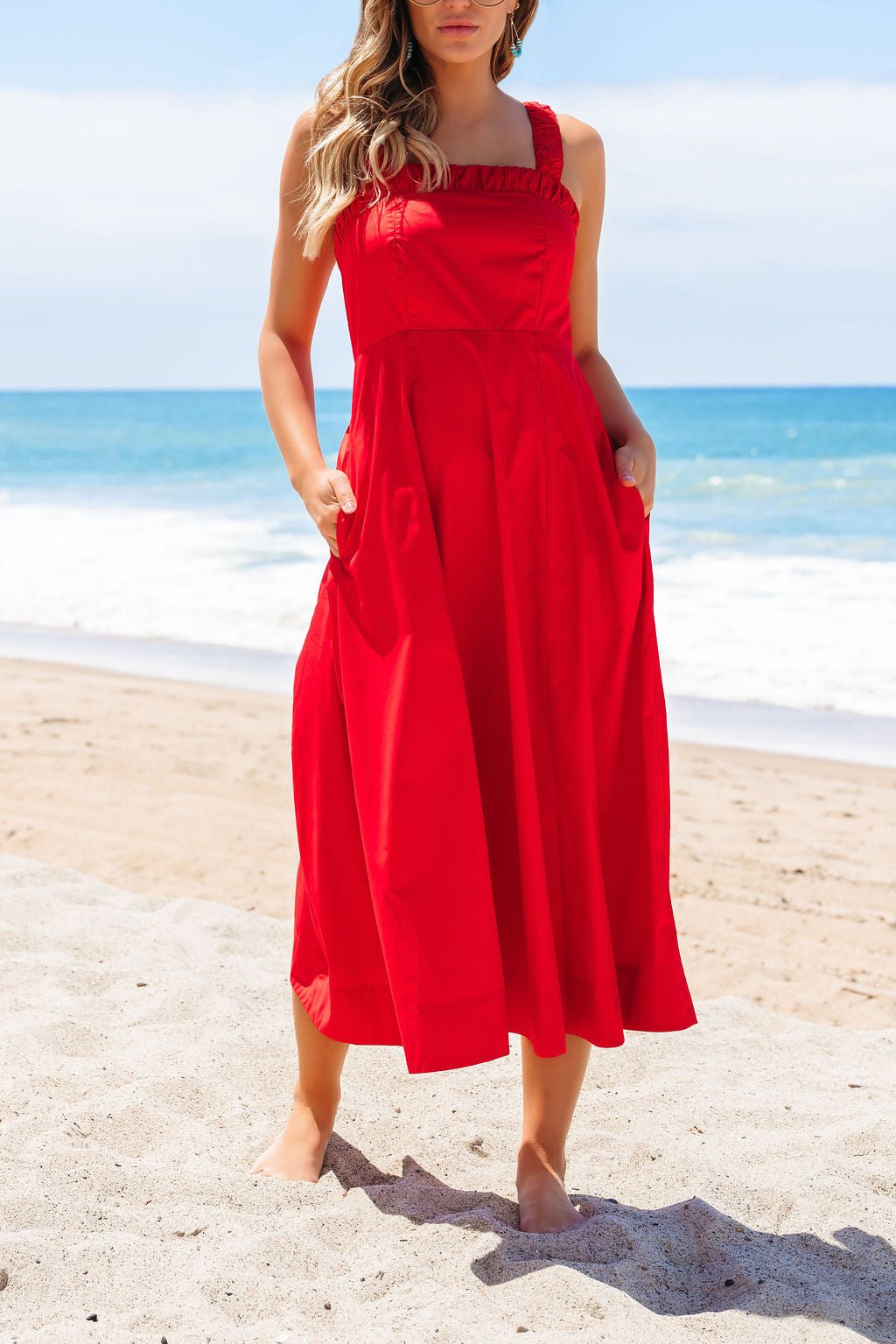Red Smock Ruched Tie Strap Midi Dress - FINAL SALE