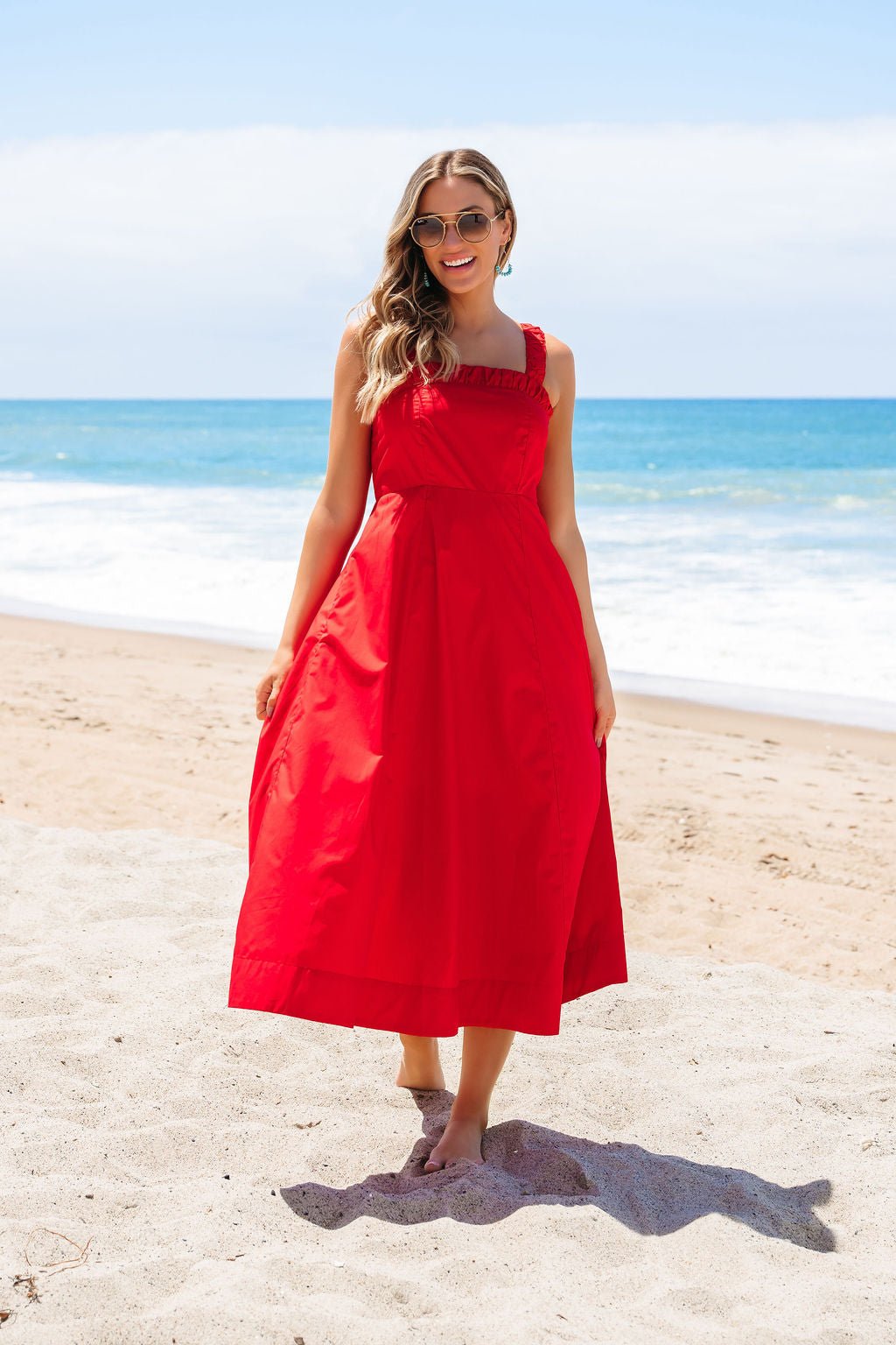Red Smock Ruched Tie Strap Midi Dress - FINAL SALE