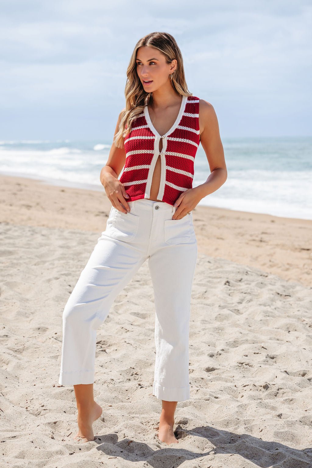 Red Striped Contrast Button Front Vest - FINAL SALE