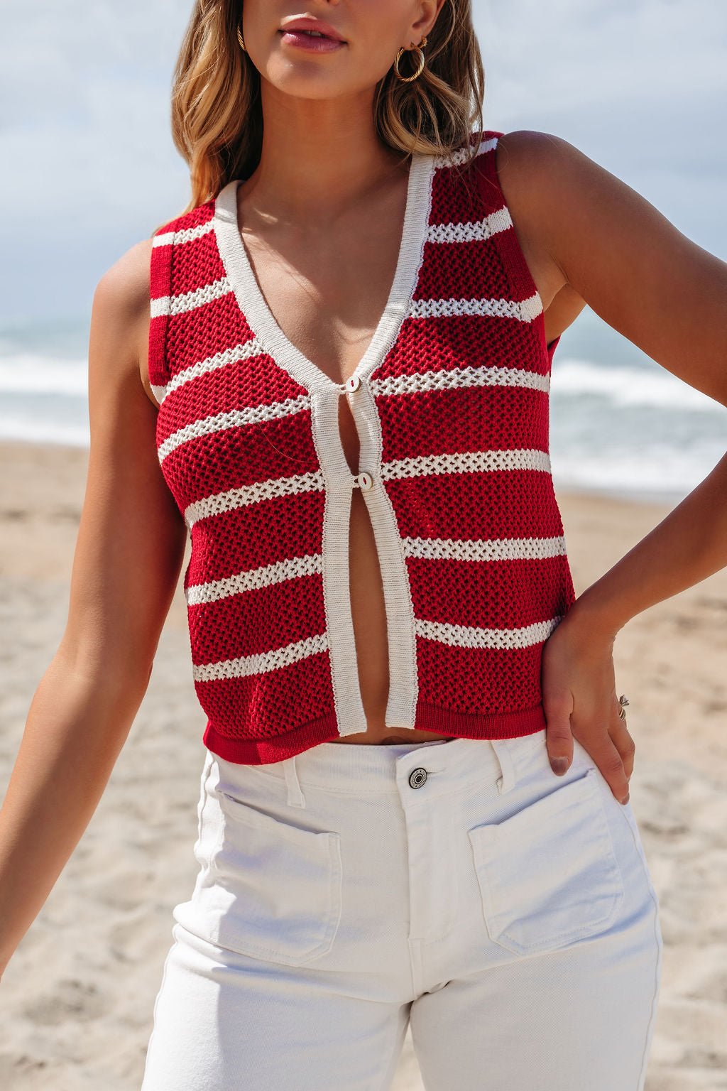Red Striped Contrast Button Front Vest - FINAL SALE