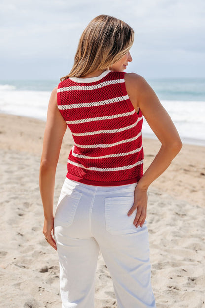 Red Striped Contrast Button Front Vest - FINAL SALE