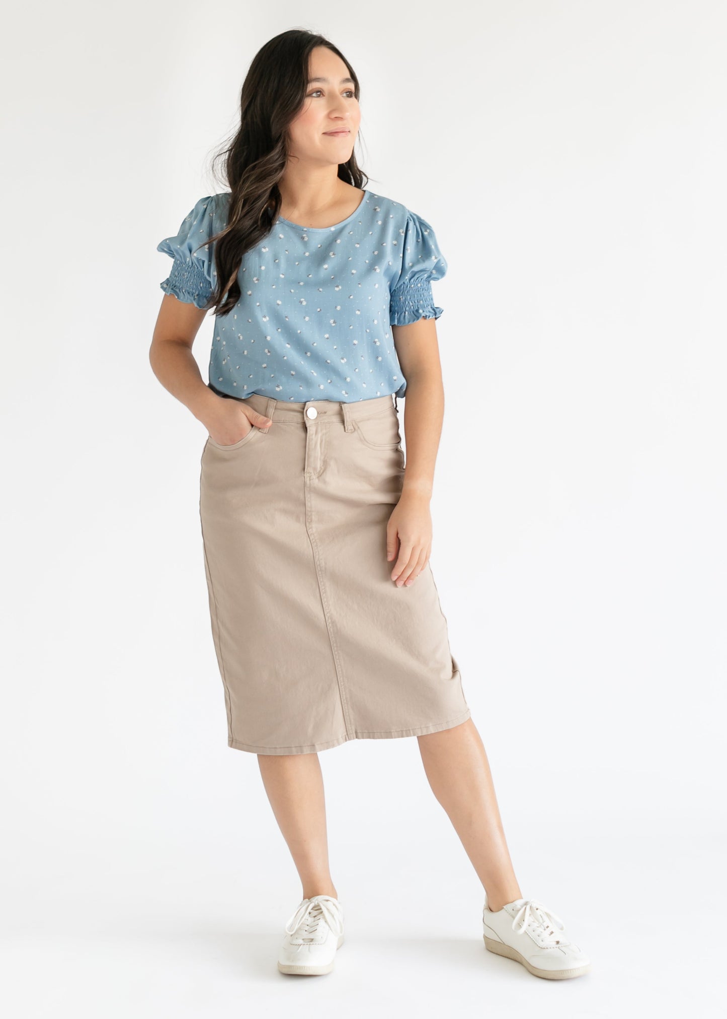 Remi Simply Taupe Denim Midi Skirt 26"
