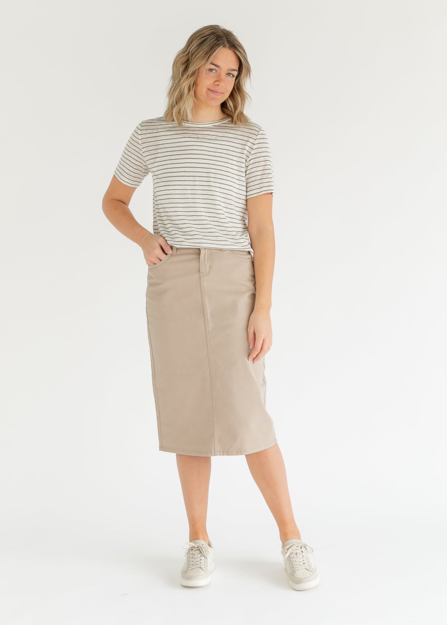Remi Simply Taupe Denim Midi Skirt 29"