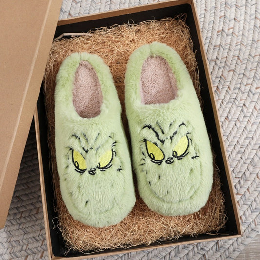 Christmas cotton slippers for men and women, green furry winter warm indoor slippers White