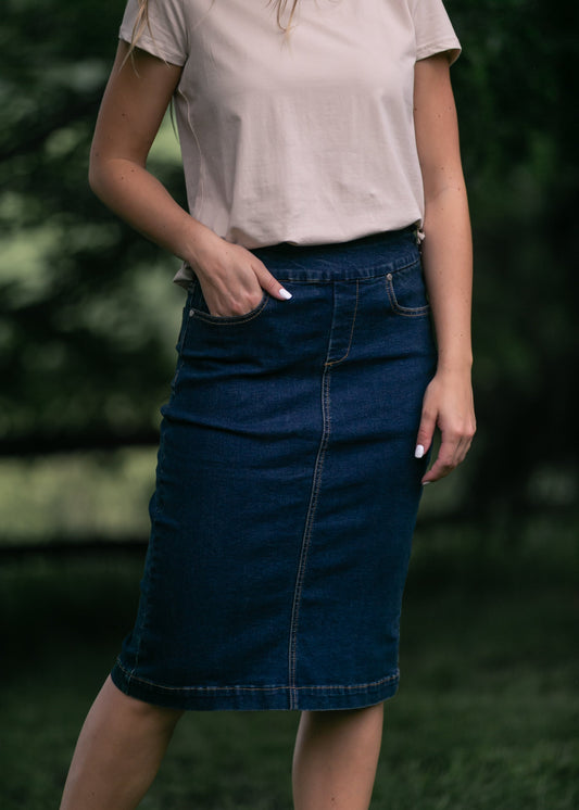 Sandra Dark Wash Denim Midi Skirt