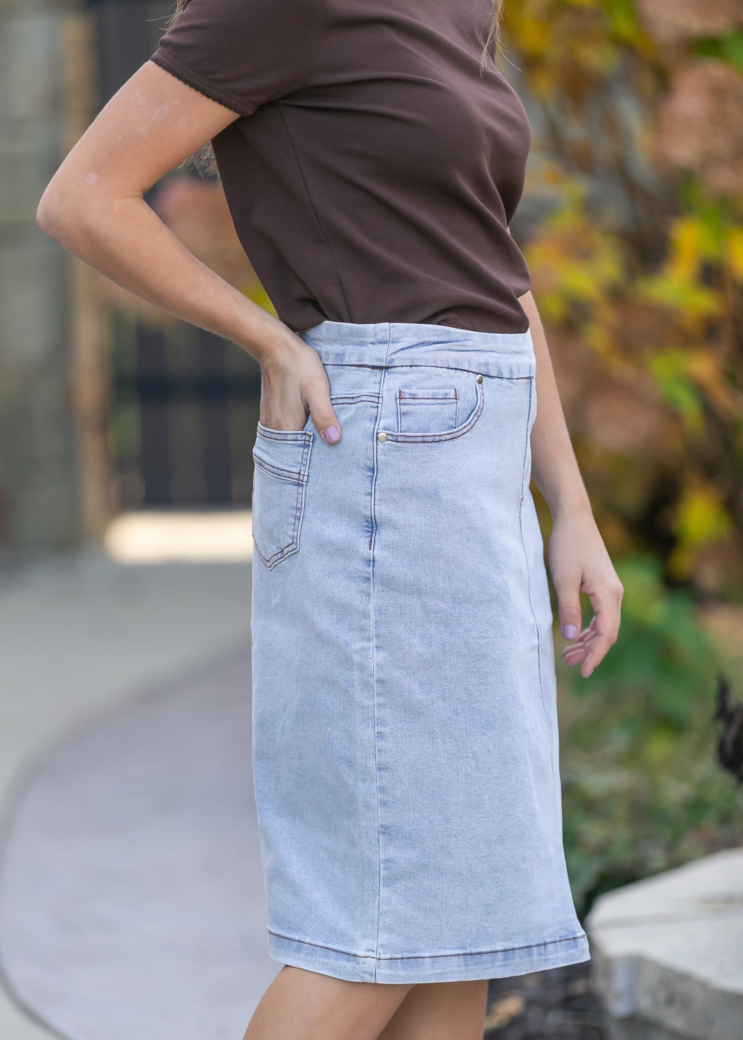 Sandra Light Wash Denim Midi Skirt