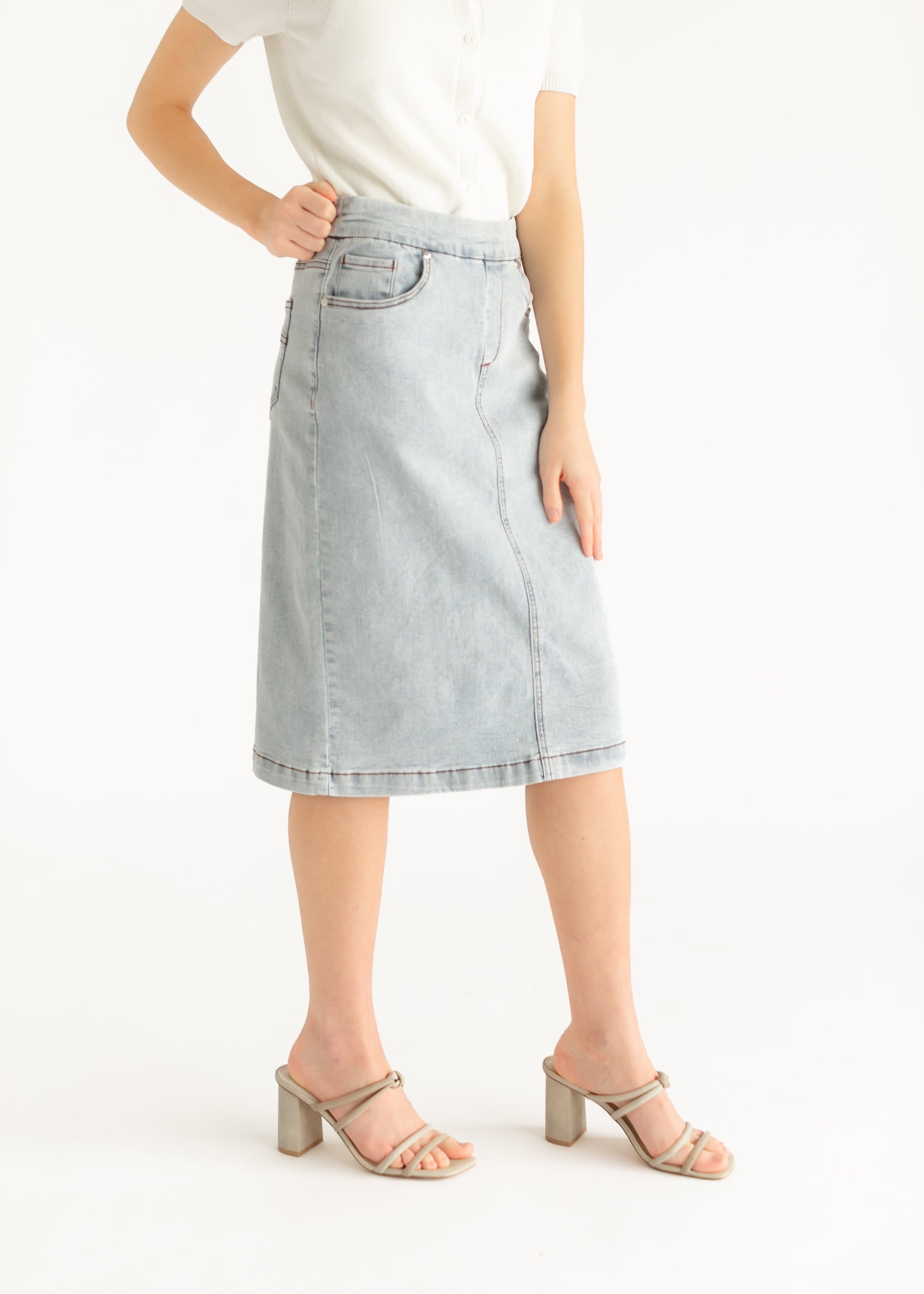 Sandra Light Wash Denim Midi Skirt