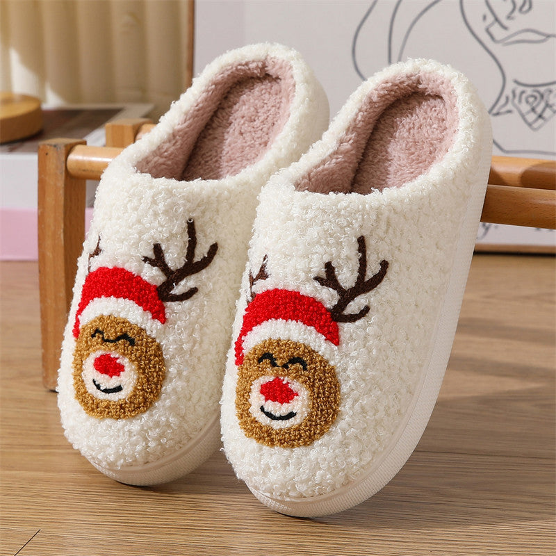 Christmas cute Christmas deer pattern cotton slippers indoor home plush warm slippers White