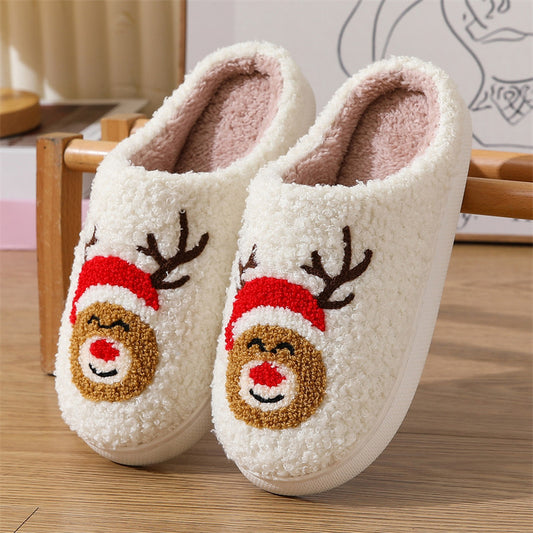 Christmas cute Christmas deer pattern cotton slippers indoor home plush warm slippers White