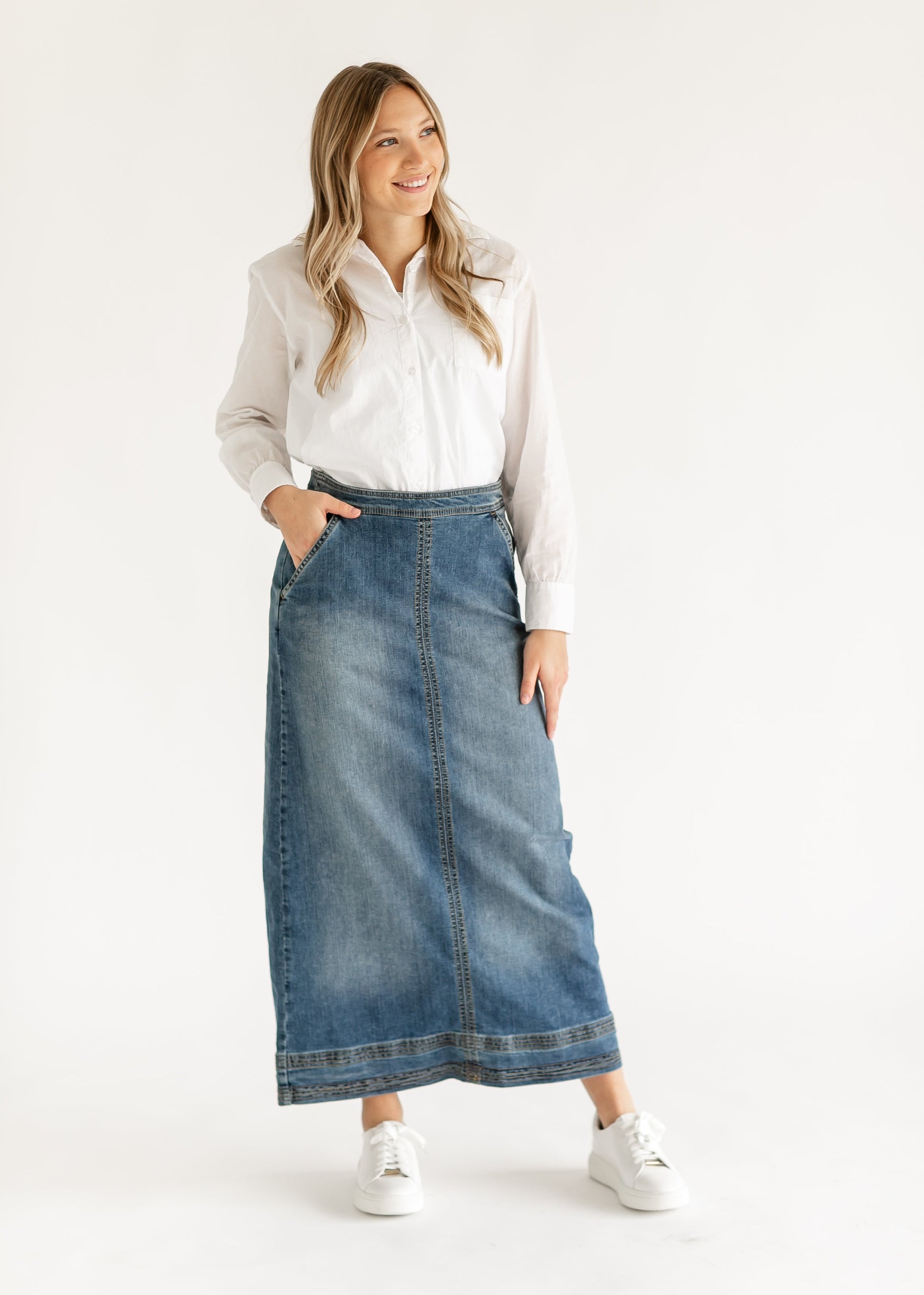 Sutton Side Zip A-line Denim Maxi Skirt - FINAL SALE