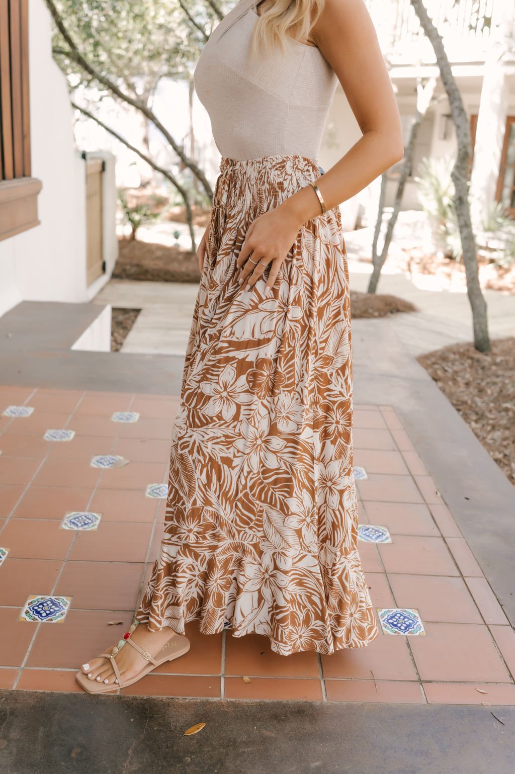 Taupe Floral Print Smocked Maxi Skirt - FINAL SALE