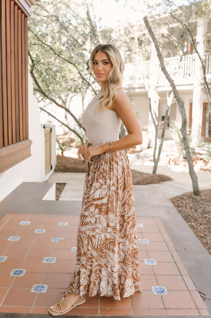 Taupe Floral Print Smocked Maxi Skirt - FINAL SALE