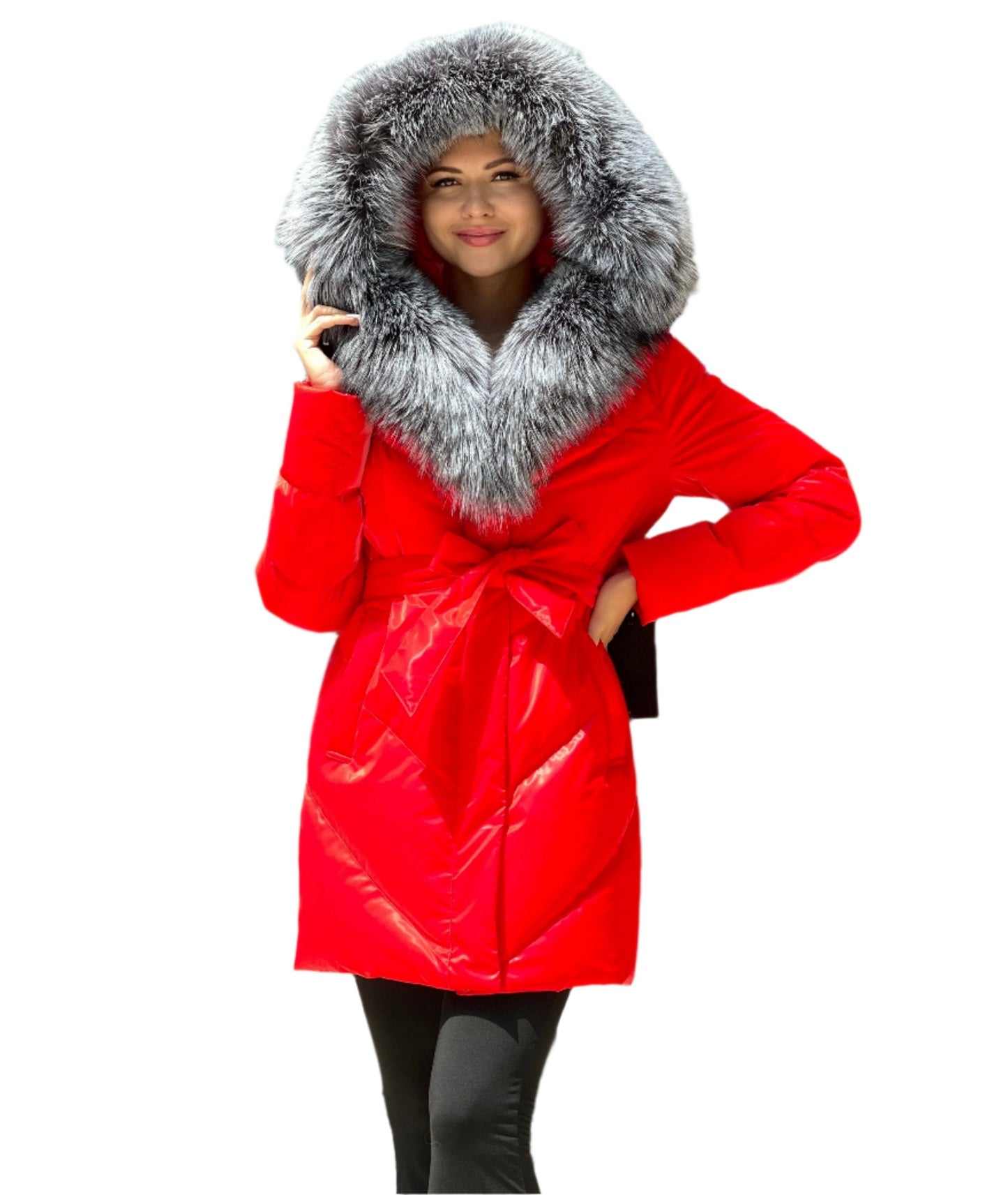 Genuine Silver Fox Fur Down Fill Coat Vinyl Finish Red