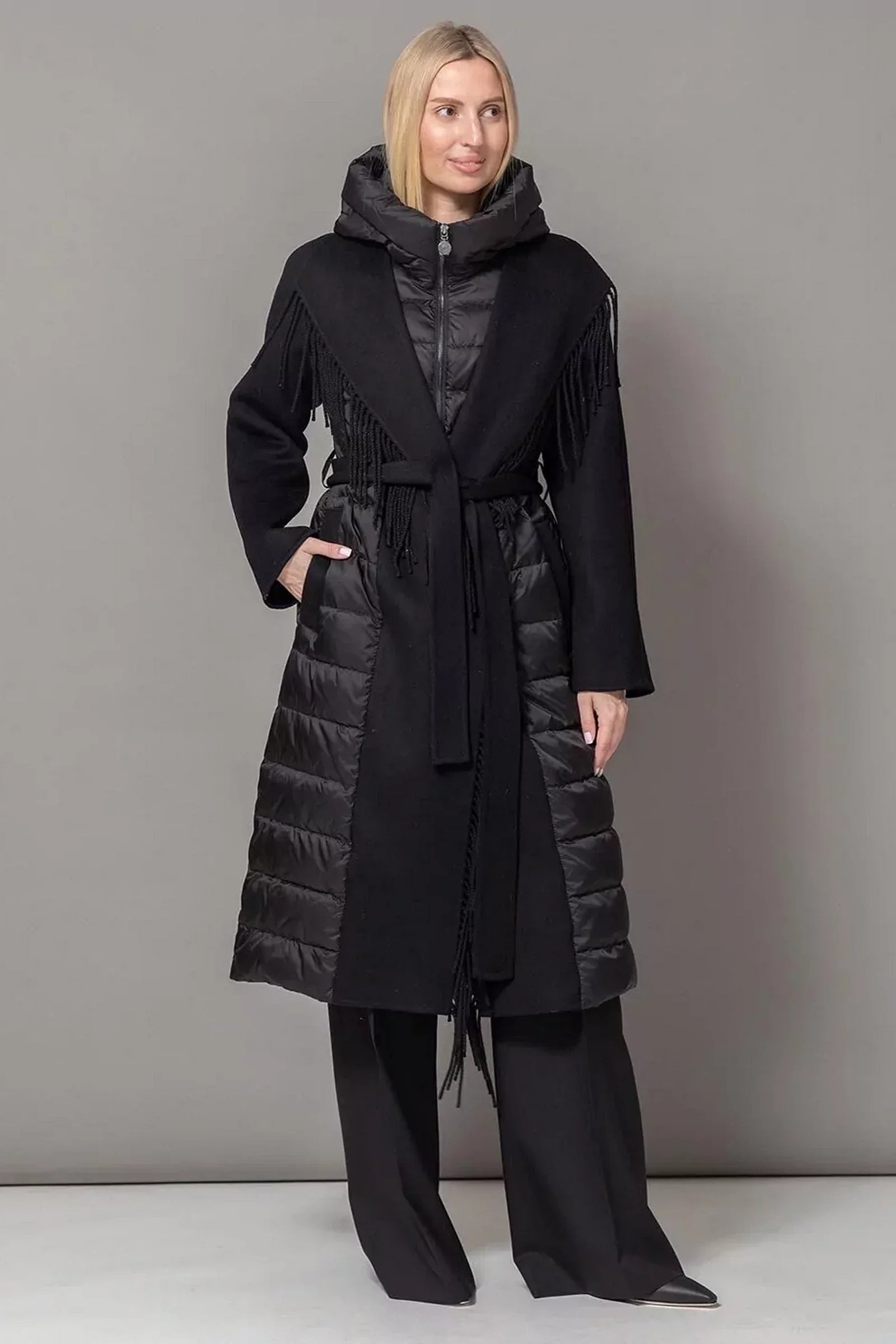 Kennedy Fringe Luxe Down Wool Blend Coat in Black Black