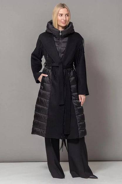 Kennedy Fringe Luxe Down Wool Blend Coat in Black Black