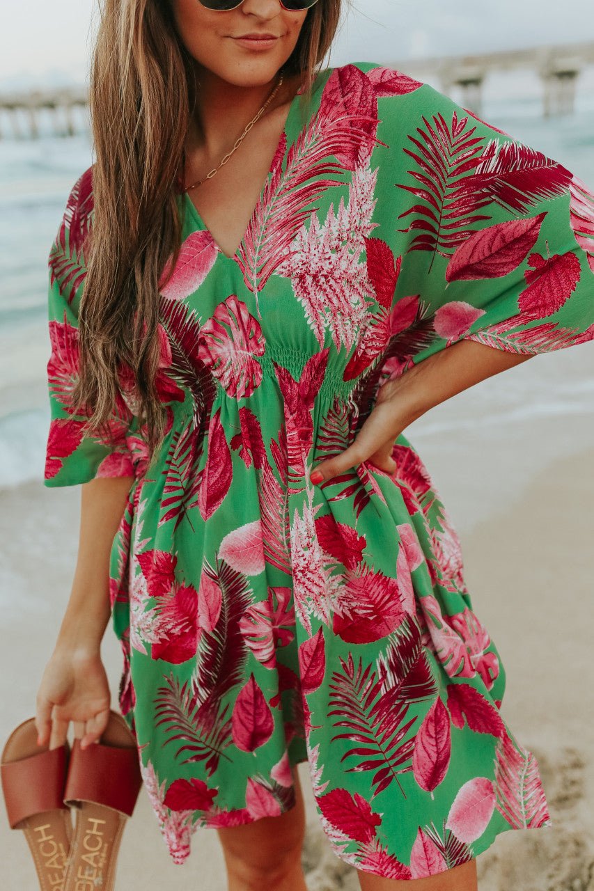V-Neck Green/Pink Palm Empire Dress - FINAL SALE